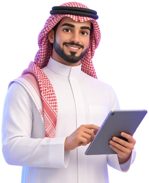 موظف سعودي مبتسم يرتدي الثوب والشماغ يدير موظفيه الرقميين